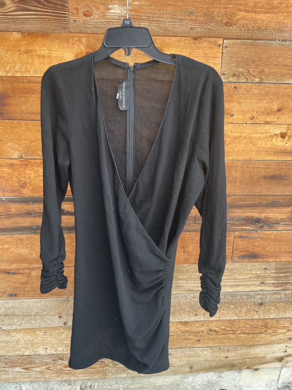 Pamela Dennis Black Long Sleeve Faux-Wrap Ruched Dress